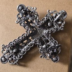 Gothic Cross Brooch Pin Amber Rhinestones Black Silver Tone Filigree 3″