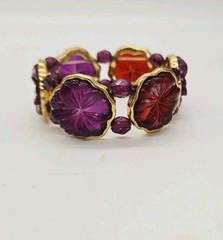 Red Purple Carved Lucite Stretch Bracelet Flower Floral 80’s Style OSFM One Size