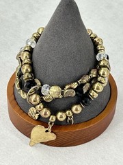 Triple Strand Stretch Bracelet Copper Color Clear & Black Crystal Beads