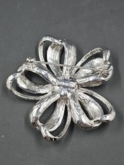 Vintage Monet Silverton Rhinestone Flower Bow Ribbon Brooch, 2.25″ Diameter