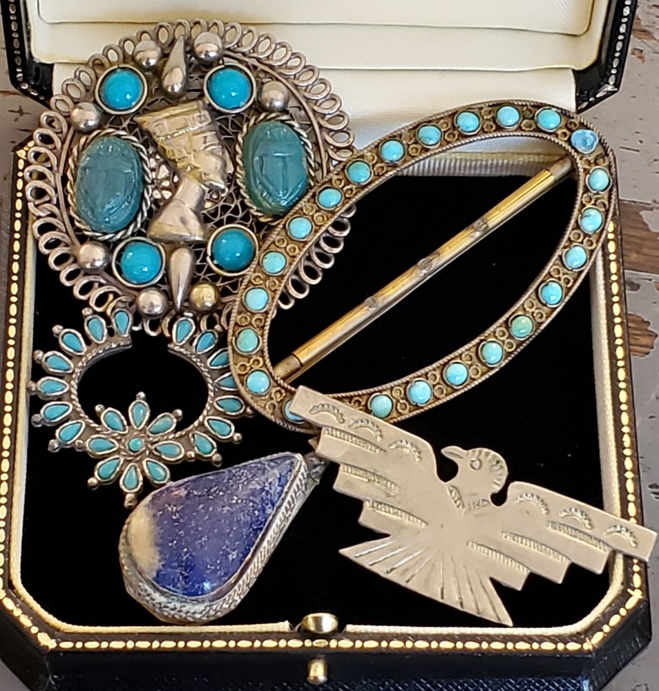 Vint Antique Lot Jewelry Turquoise Thunderbird Pendant Buckle Junk Estate As Is