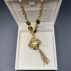 Custom OOAK Vintage 1980s Rope Chain with Amber & Faux Pearl & Tassel Pendant