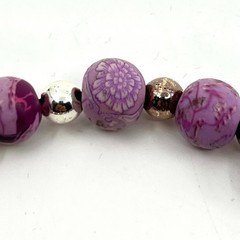 VTG Jilzara Y2K Purple Floral Polymer Clay Bead Stretch Bracelet Silver Accents