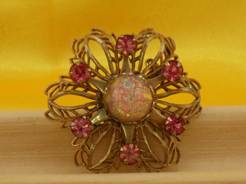 Faux Amethyst and Opal Brooch Vintage Costume Jewelry Pin Pinback Button