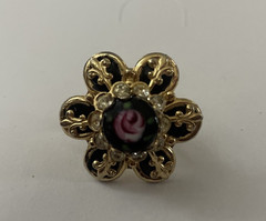 Vintage Romantic Rose & Black Enamel Gold Tone 3-Piece Brooch & Earrings Set JW1