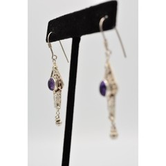 Vintage 925 Sterling Silver Dangle Drop Earrings Purple Cabochon Signed Bin4