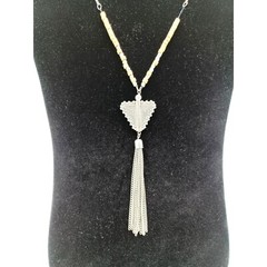 Vtg Wood Beads & Metal Triangle Geometric Pendant w Tassel Silver Chain 17.5″