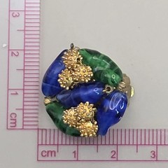 Elegant Vintage Les Bernard Clip On Earrings Blue & Green Glass Golden Ornament