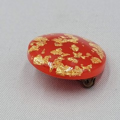 Vintage Red Lucite Brooch Gold Flecks Round 1.25 in