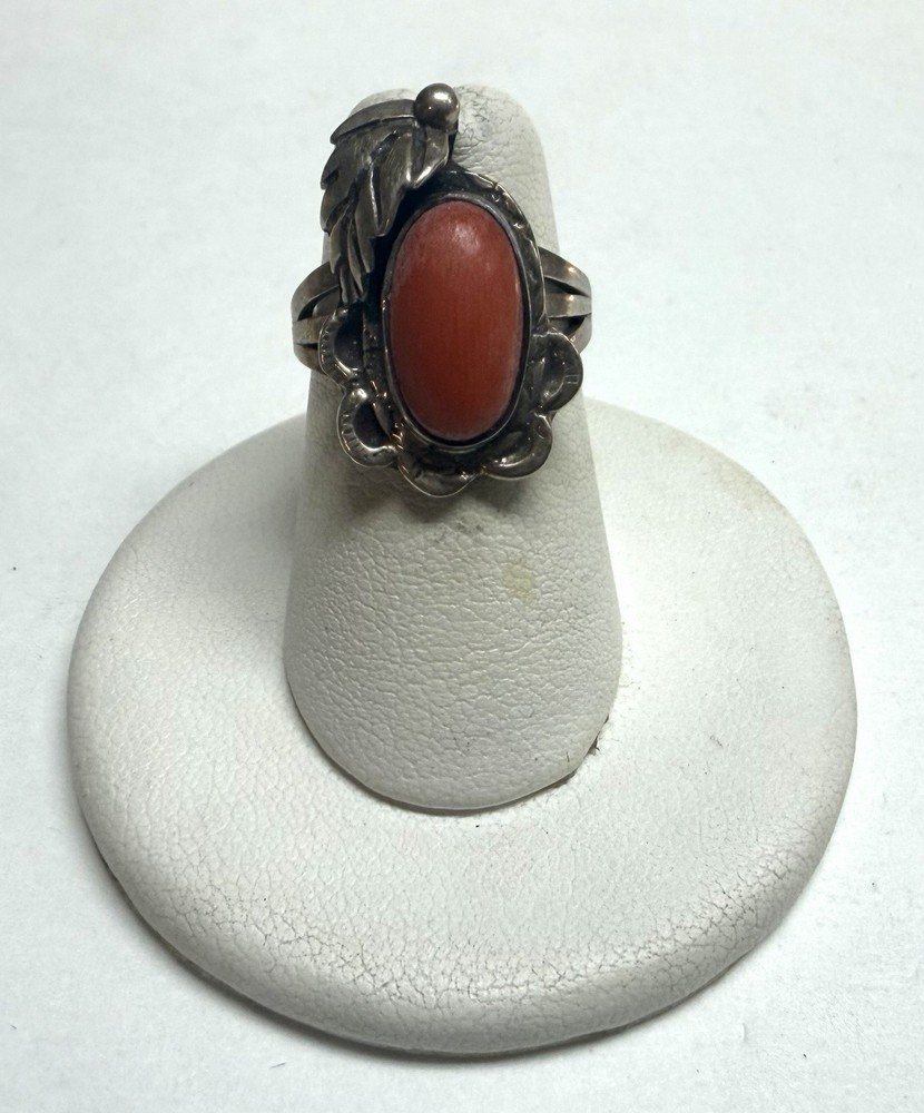 Native Sterling Silver Coral Leaf Ring Sz 5.25