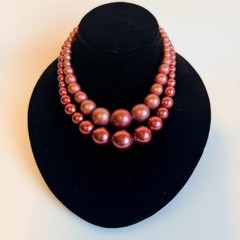 Vintage Hong Kong Pink Rose Double Strand Faux Pearl Adjustable Necklace Choker