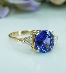 Vintage Gem Cushion Tanzanite Trillion Diamond 3 stone Ring 14K Gold 2.5ct