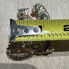 Vintage Green Eyed Crystal Rhinestone Golden Tone Twin Family Leopard Brooch