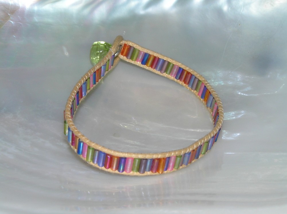 Estate Tan Cord with Rainbow Glass Tubular Beads Bracelet with Button Clasp –