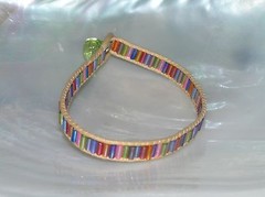 Estate Tan Cord with Rainbow Glass Tubular Beads Bracelet with Button Clasp –