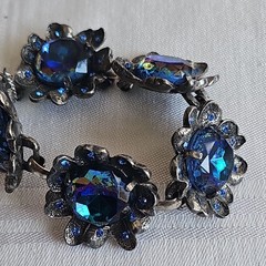 Signed Judy Lee Bracelet & Errings Blue Rhinestones Aurora Borealis Vintage