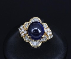 Vintage 8.37ct Deep Blue Sapphire & 1.10ct Diamond 18K Yellow Gold Ring Size 5