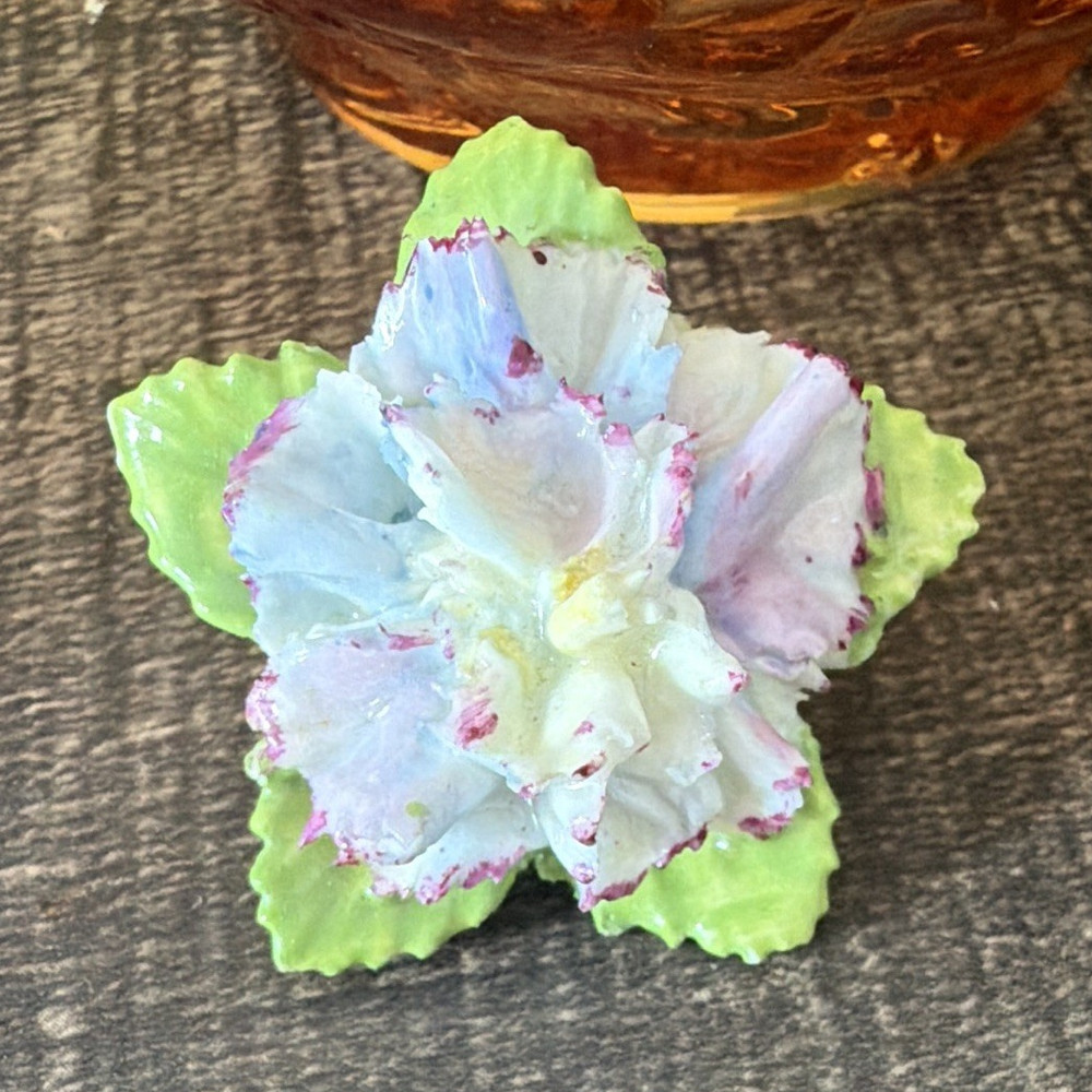 Dorothy Jane Bone China Flower Brooch Pin Signed Green White Purple