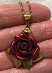 VINTAGE 24” NECKLACE EARRINGS BROOCH GOLD TONE RED ROSE JEWELRY SET