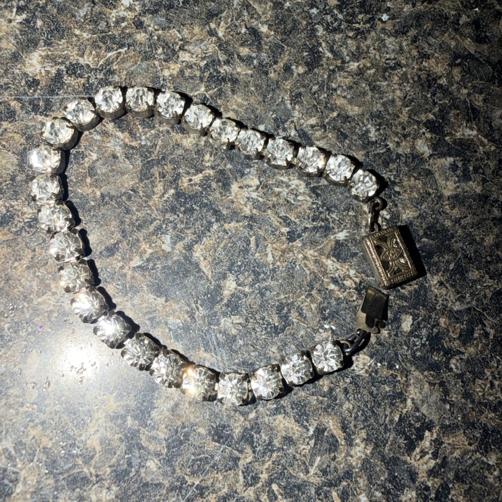 Vintage Sterling Silver Clear Rhinestone Tennis Bracelet Art Deco Style Box