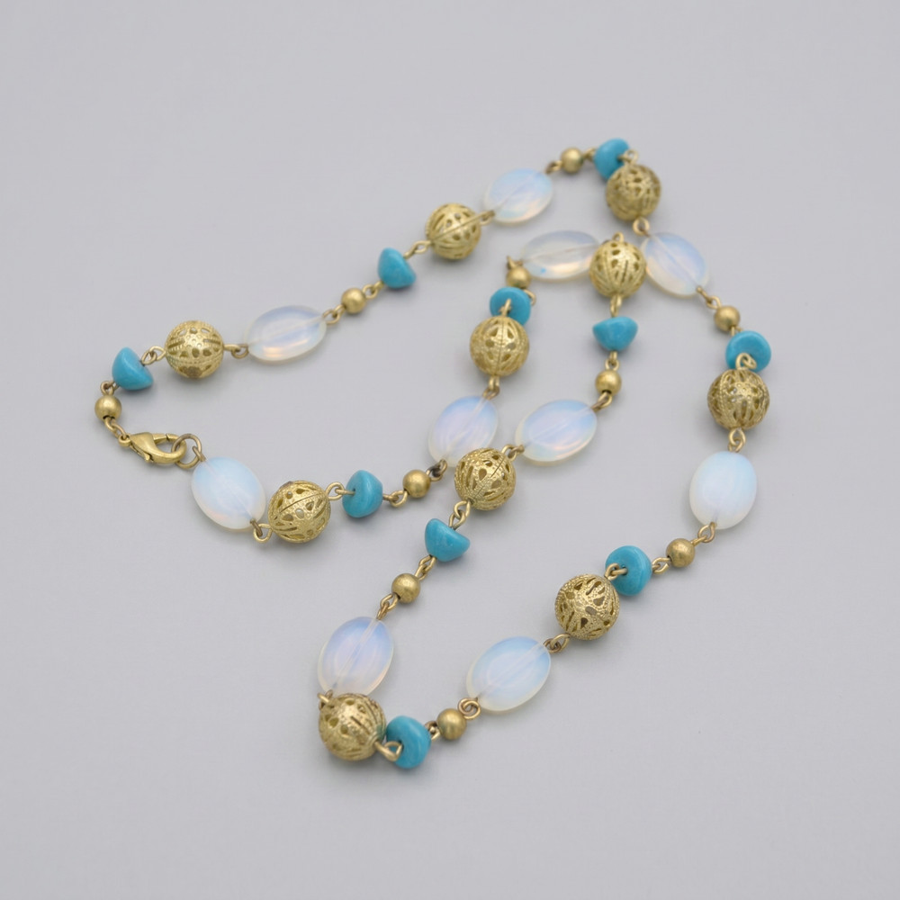 Vintage Boho Gold Filigree Opalite Moonstone Glass Turquoise Bead Necklace 26″