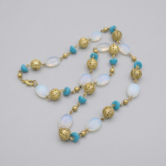 Vintage Boho Gold Filigree Opalite Moonstone Glass Turquoise Bead Necklace 26″