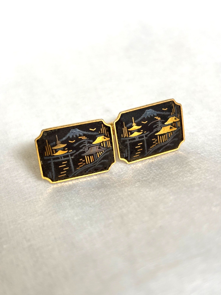 Vintage Japanese Damascene Cufflinks Mt Fuji Pagoda Zogan Inlay Gold Tone Retro