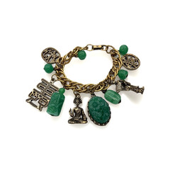 Vintage Gold Tone FOB Bracelet Green Carved Stone Jade‑Style Charms Asian Motif