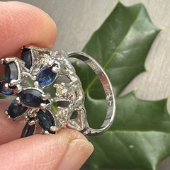 Vintage Spray Ring Estate Fine Jewelry Sz 7 18K White Gold Plated Blue Marquise