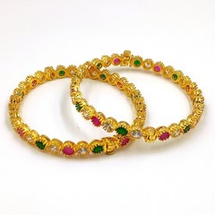 Luxury Ruby Emerald CZ Bangle Set, 22k Gold Plated, Elegant Traditional Wear