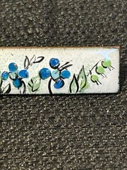 Lovely Vintage Colorful Blues & Greens Floral Enamel on Copper Bar Brooch 1.75”