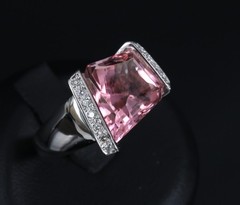 Asymmetric 6.72ct Natural Pink Tourmaline 0.22ct Diamond Platinum Ring Size 6.5