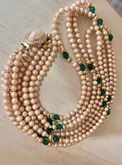 Vintage 4 Layered Ivory Pearl Green Glass Crystal Pave Clasp Beaded 24” Necklace