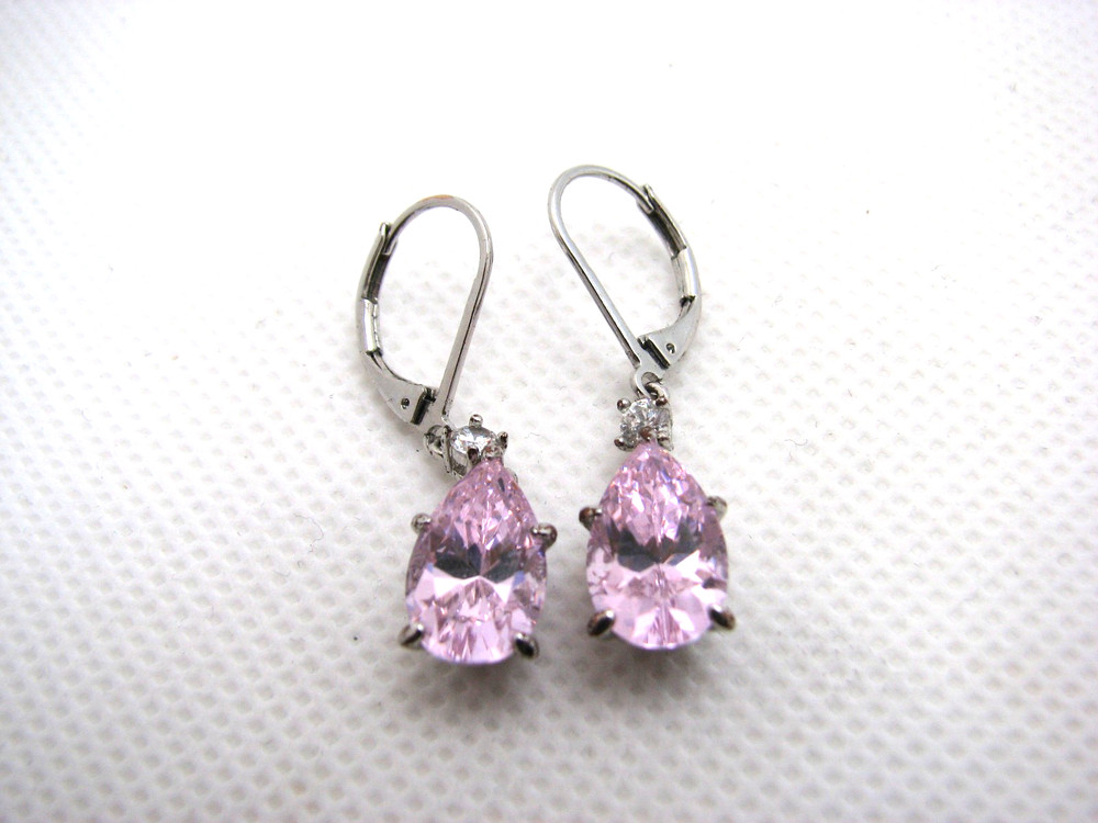 Vintage Pear Cut Pink CZ & Rhinestone Drop/Dangle Pierced Earrings SW China