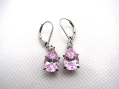 Vintage Pear Cut Pink CZ & Rhinestone Drop/Dangle Pierced Earrings SW China