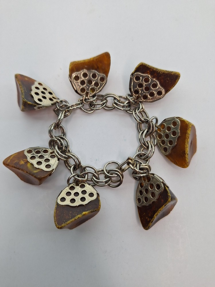 Vintage Chunky Silver Tone Charm Bracelet Faux Amber Lucite Honeycomb Caps