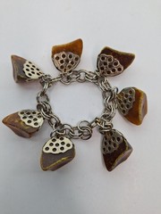 Vintage Chunky Silver Tone Charm Bracelet Faux Amber Lucite Honeycomb Caps
