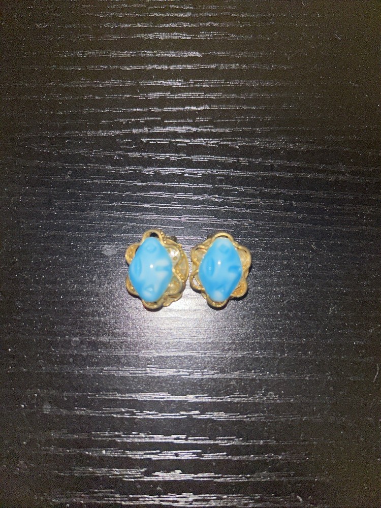 Vintage Gold Tone Blue and White West Germany Clip On Earrings