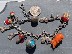 Vintage Austrian 900 Silver Glücksbringer 1939 Lucky Charm Bracelet Coral Pig 7″