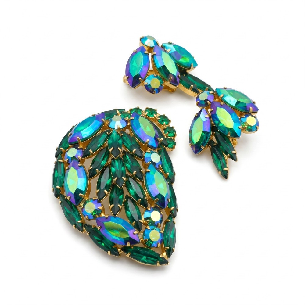 Vintage Weiss Rhinestone Brooch and Clip On Earrings Set Peacock Green Jewelry