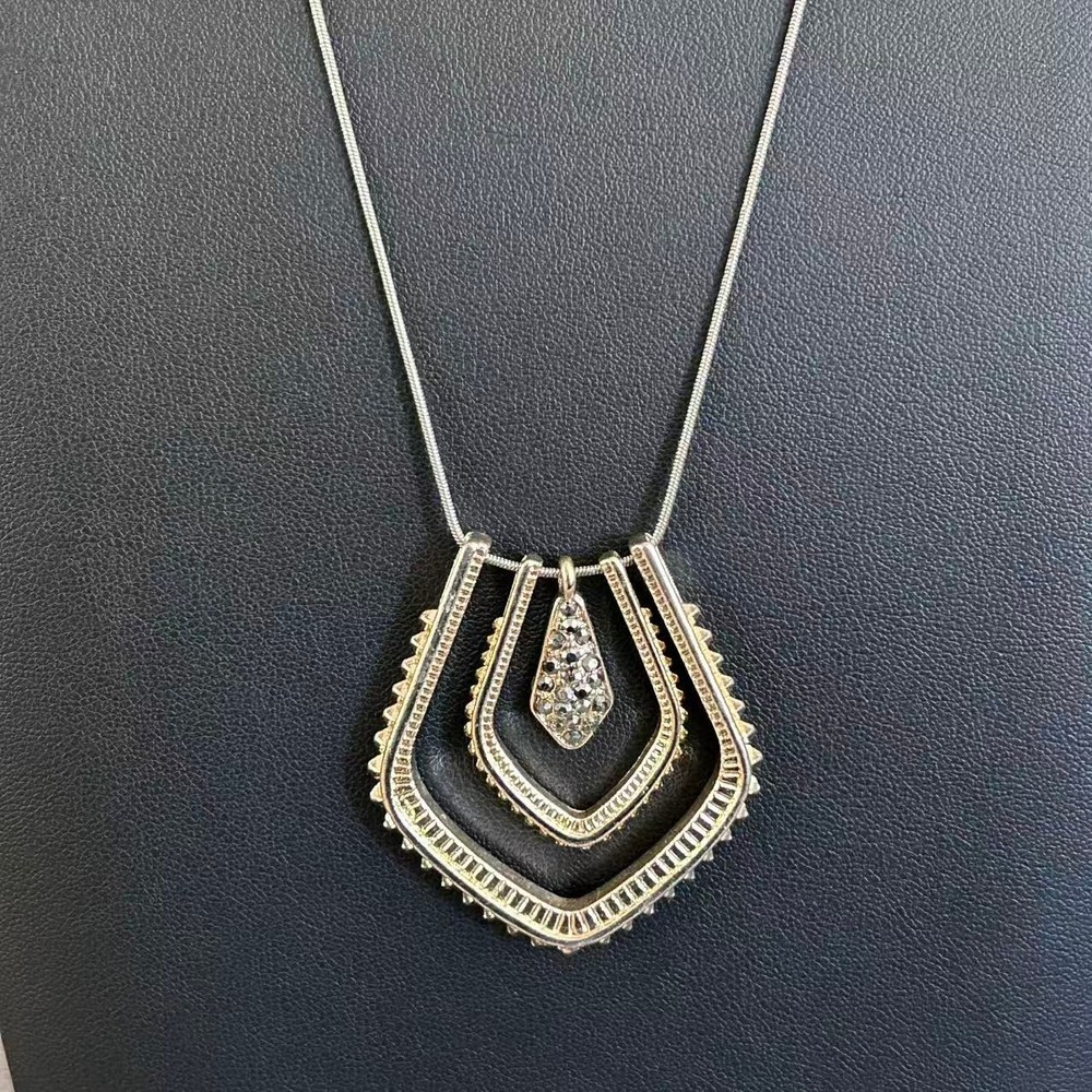 Vintage 1980s Art Deco Revival Shield Pendant Necklace Gold Tone Statement 30″