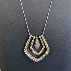 Vintage 1980s Art Deco Revival Shield Pendant Necklace Gold Tone Statement 30″