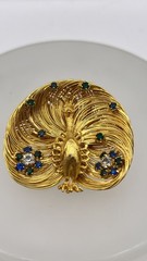 UNIQUE Vintage gold intricate wired peacock brooch Blue Green White Rhinestones