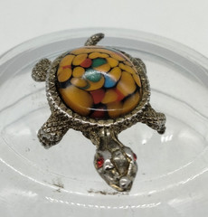Vintage Japan Glass Cabochon & Brass Large Turtle Brooch with Rhinestone Eyes