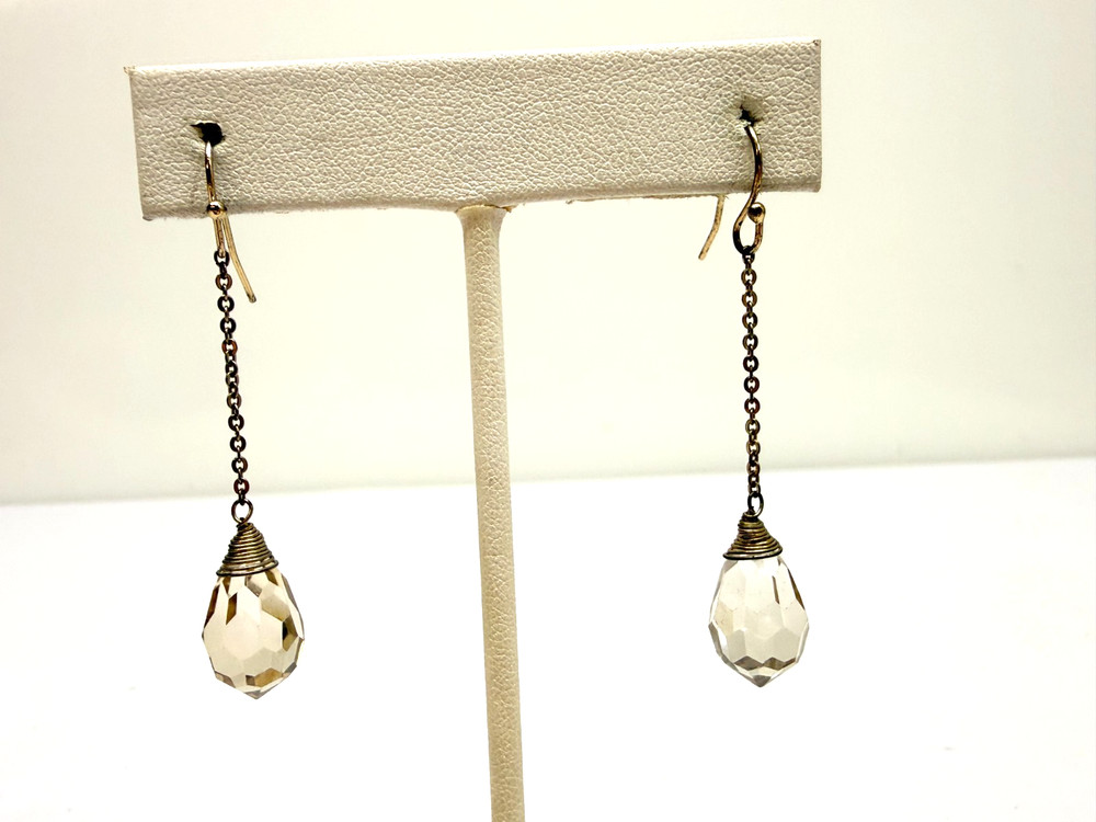 Vintage Earrings Drop Dangle Silver Tone faceted Crystal Briolette Stones Long