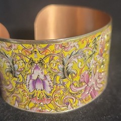 Vintage Wide Solid Copper Yellow Champleve Enamel Floral Cuff Bracelet