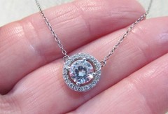 Vintage Sterling Silver Round Faceted Clear Cubic Zirconia Halo CZ Necklace 19″