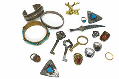 Vintage Jewelry & Curios Lot Bracelets Rings Keys Dagger Deer Figurine