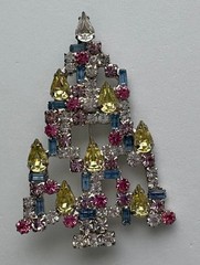 VINTAGE CHRISTMAS TREE PIN BROOCH RON YELLOW RHINESTONES SIGNED HTF MCM 56