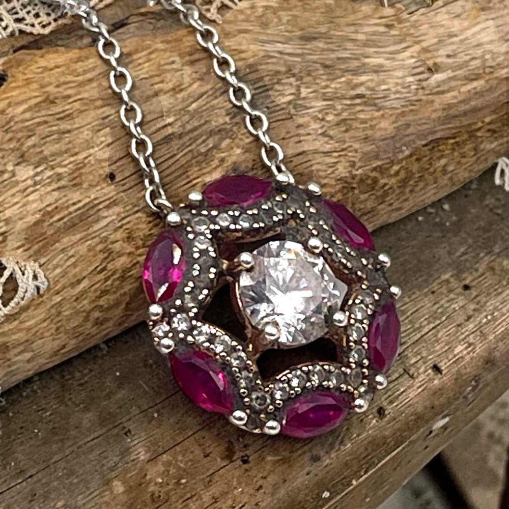 Vintage 925 Sterling Silver Red & White CZ Floating Pendant Necklace, 18″